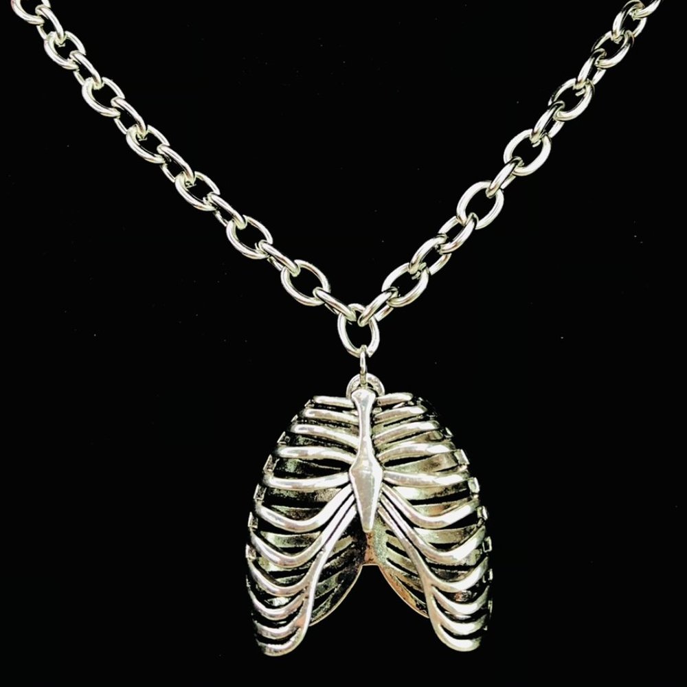 Chunky Gothic Goth Human Chest Ribs Bones Skeleton Necklace Choker Creepy Scary - Picture 4 of 4